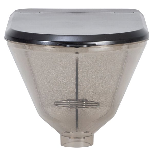 A clear plastic container with a black lid and funnel for a Bunn coffee grinder.