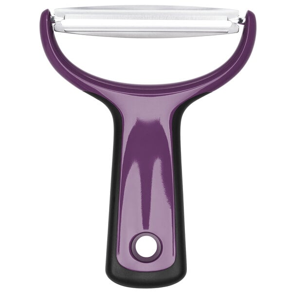 An OXO purple and black plastic peeler with a wide stainless steel blade and a hole in the handle.