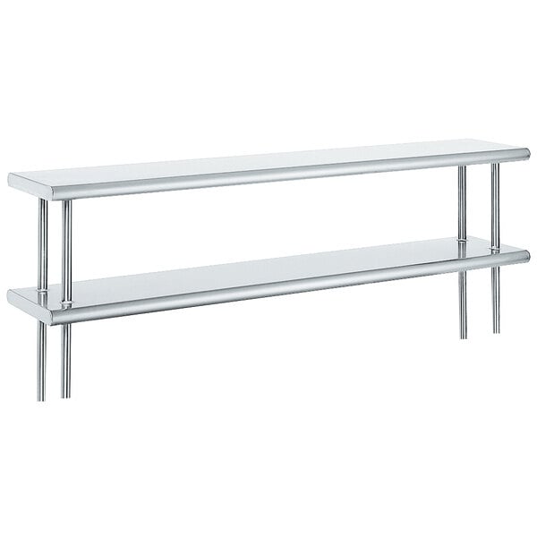 A white rectangular table with a stainless steel Advance Tabco double deck shelf on it.