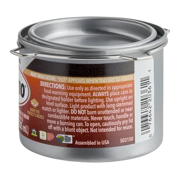 A small can of Sterno S'mores Heat non-toxic fuel for food warming.