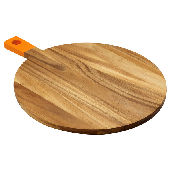 14 1/2" Acacia Wood Round Serving Board with Orange Handle