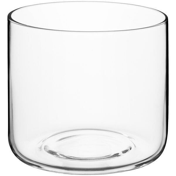 An Acopa clear glass bowl with straight sides on a white background.