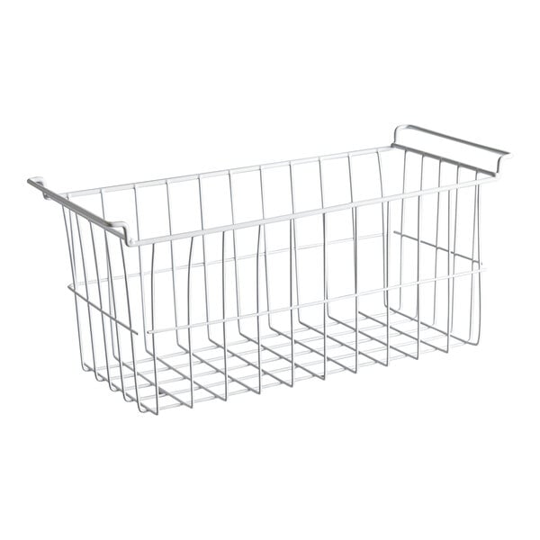 a white wire basket with a handle