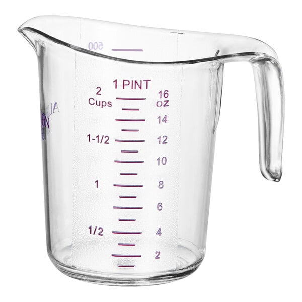A clear plastic measuring cup with a purple handle and red measuring lines.