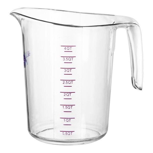 A clear plastic measuring cup with purple writing and a handle.