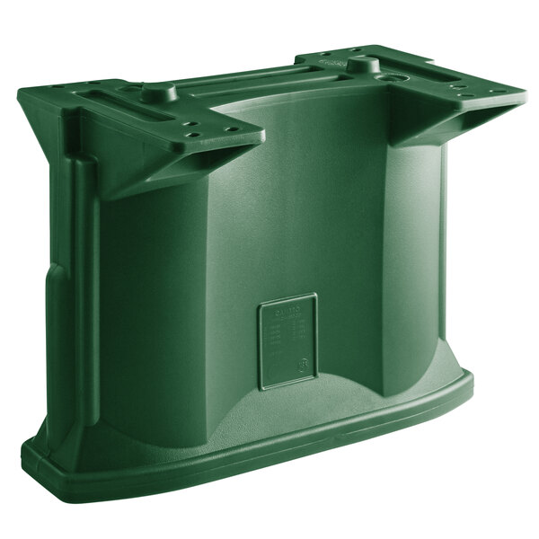 A green plastic container with two holes on the side and two decor panel rails.