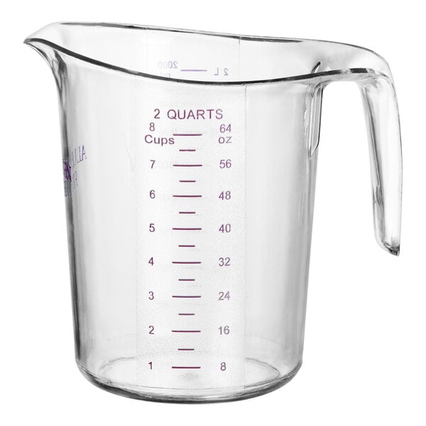 A clear plastic measuring cup with purple lettering.