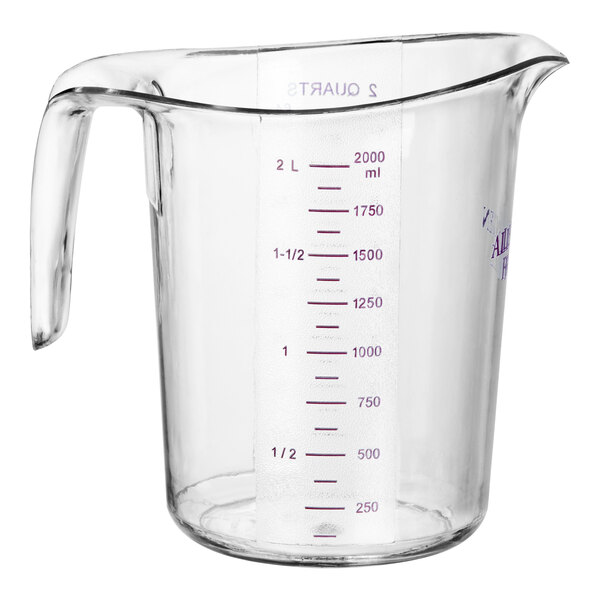 A purple plastic Choice measuring cup with a handle and measuring scale.