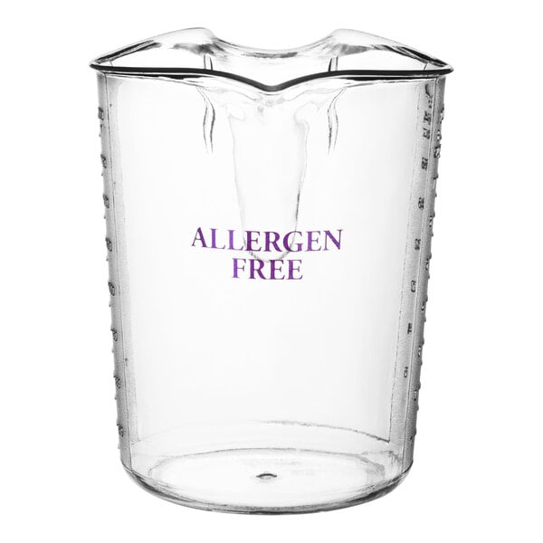 A purple Choice plastic measuring cup pouring liquid.