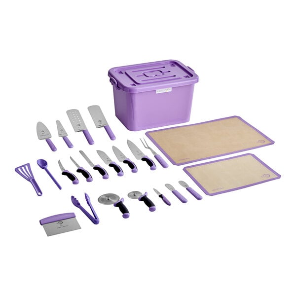 A purple allergen-free storage tote and utensils kit with various kitchen tools and two silicone mats.