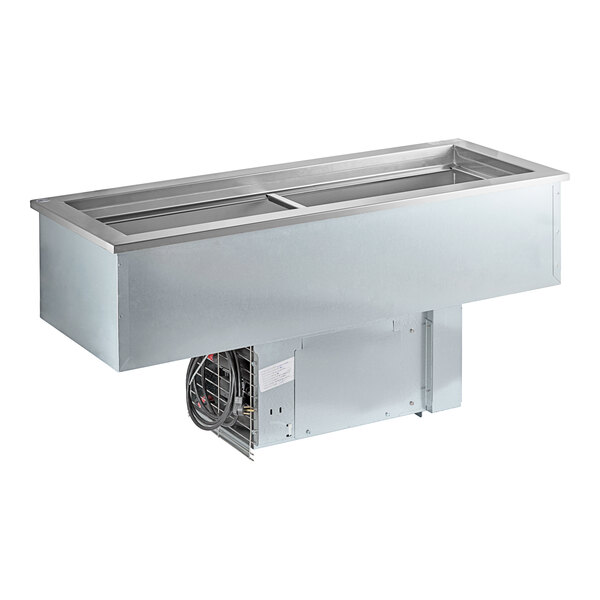 A Delfield stainless steel narrow drop in refrigerated cold food well with two pans.