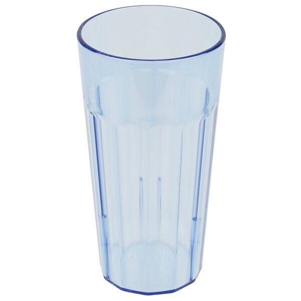 A close-up of a blue Cambro plastic tumbler.