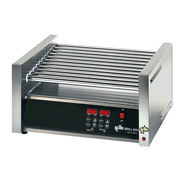 A Star Grill Max Pro hot dog roller grill with black and red controls on a counter.