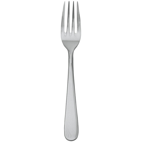 A close-up of a Walco stainless steel table fork with a fieldstone finish.