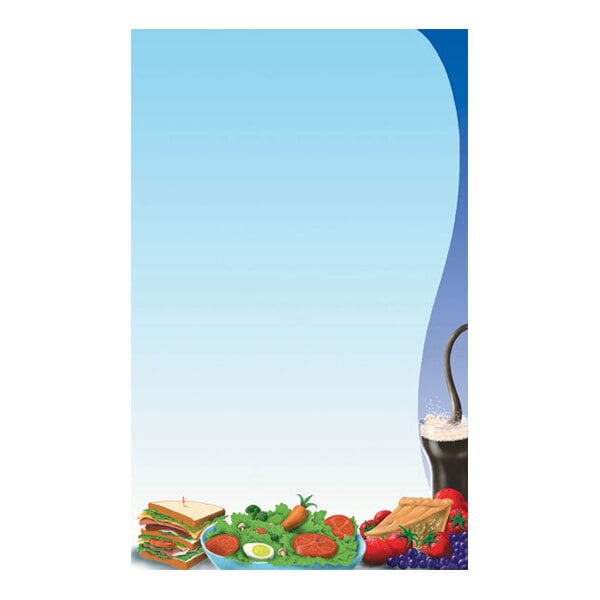 A menu paper with a blue gradient background, featuring illustrations of a sandwich, salad, pie, fruit, and a cup of coffee along the bottom edge.