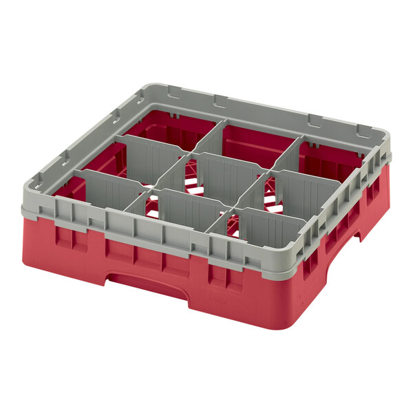 A red and grey plastic container with 9 compartments.
