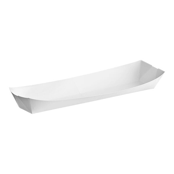 A white rectangular paper hot dog tray.