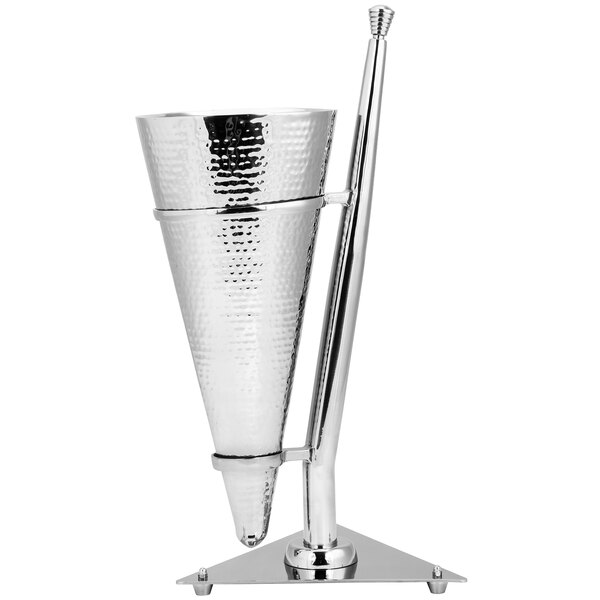 A silver cone shaped Walco stainless steel wine bucket with a metal stand.