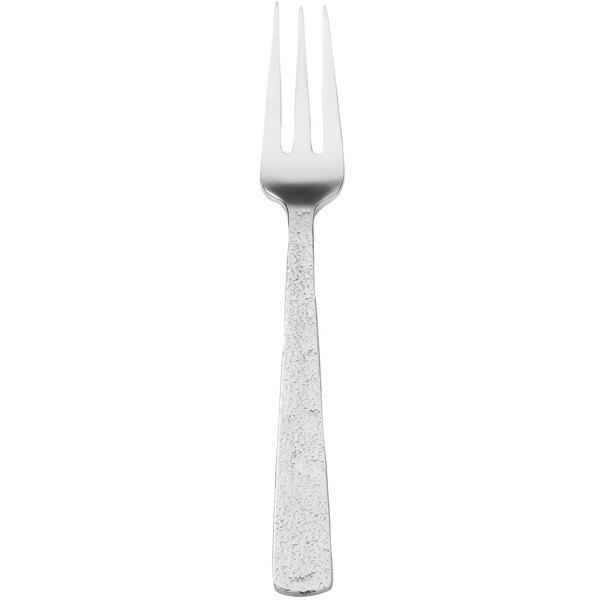 A silver fork with a black handle.