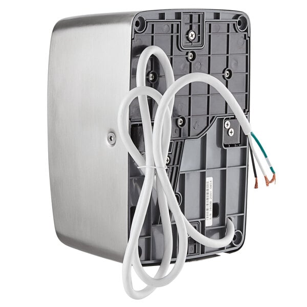 A silver Lavex stainless steel hand dryer with a white cord and grey box with wires.