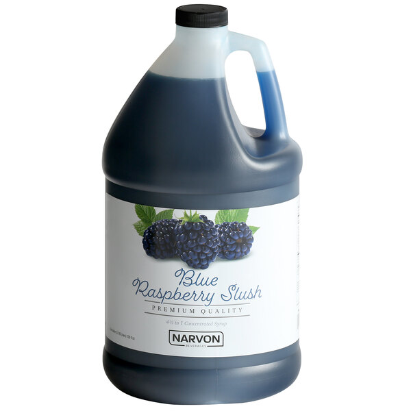 A blue jug of Narvon Blue Raspberry Slushy Concentrate with a label.