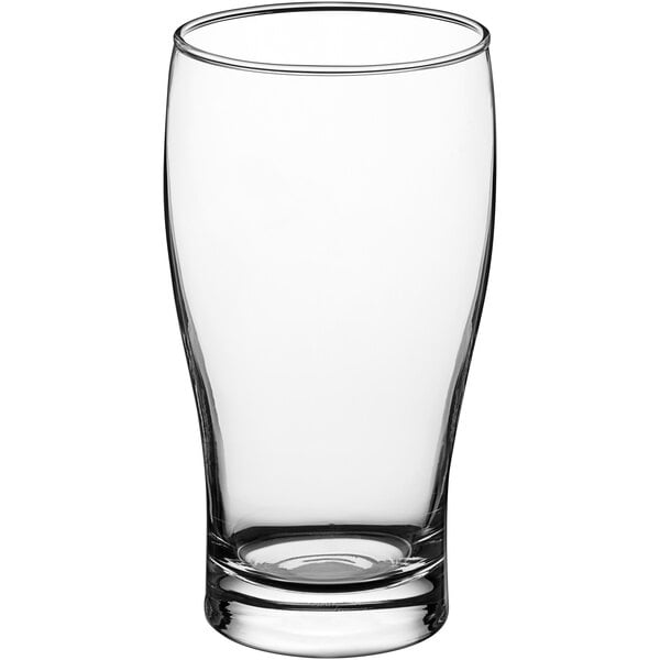 An Acopa pub glass with a clear rim on a white background.