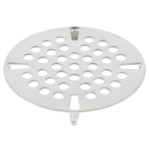 A stainless steel metal Regency flat strainer with holes.