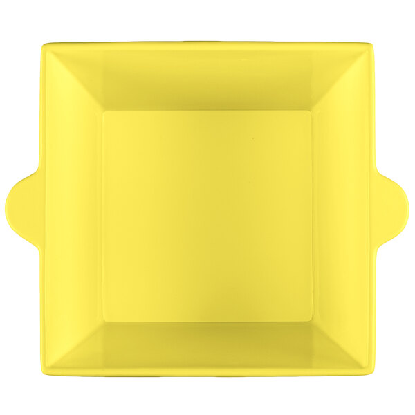 A yellow square Tablecraft condiment bowl with handles.