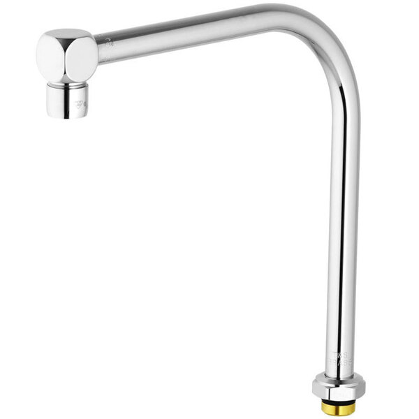 A chrome gooseneck faucet nozzle.