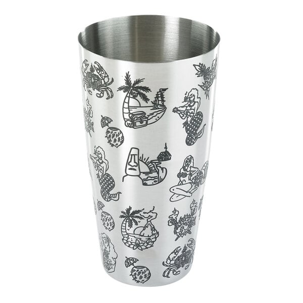 A silver stainless steel Barfly Tiki cocktail shaker tin with black designs on it.