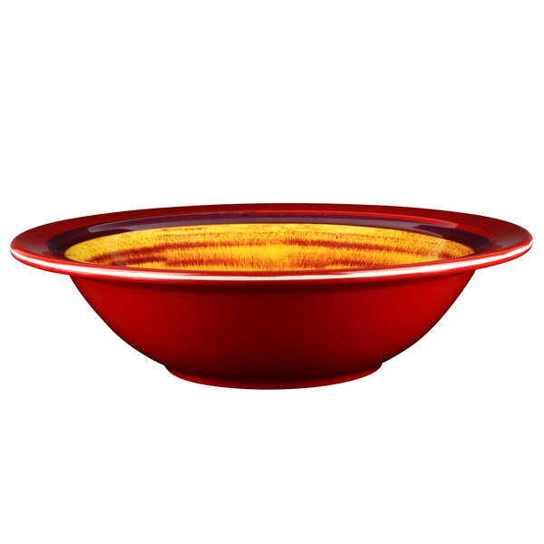 A close up of a red Elite Global Solutions Cantina melamine bowl with a yellow rim.