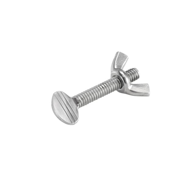 A silver stainless steel wing nut for a Chicago Metallic cake filler.