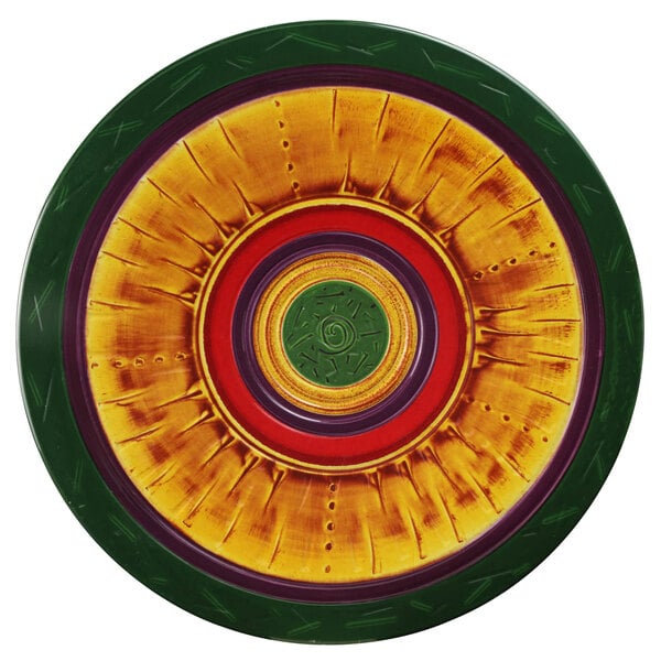A colorful circular object with a spiral design is the Elite Global Solutions Cantina melamine platter.