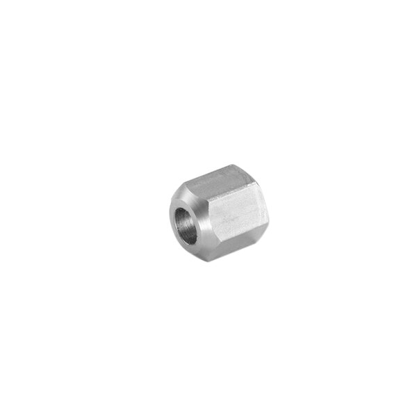 A close-up of a stainless steel nut with a silver hexagon shape.