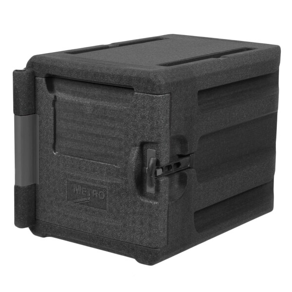 A black Metro Mightylite front loading food pan carrier with a door open.