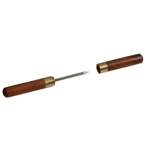 A Barfly ice pick with a wooden handle and metal cover.