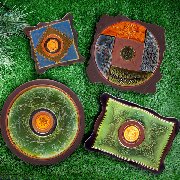 A rectangular melamine platter with a pine cone design on it.