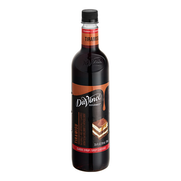 A bottle of DaVinci Gourmet Classic Tiramisu flavoring syrup with a black cap and a label.