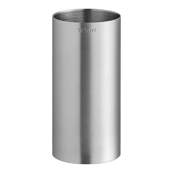 A silver stainless steel cylinder with a white background.