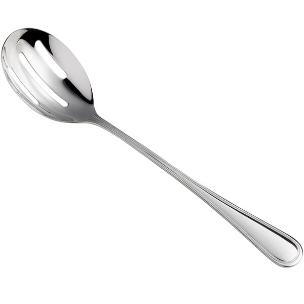 An Acopa Edgeworth stainless steel slotted spoon with a white background.