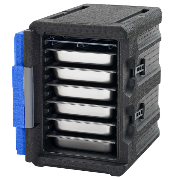 A black and blue Metro Mightylite front-loading food pan carrier with trays.