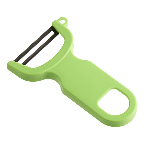 A green Y-shaped vegetable peeler with a straight black blade and a hole in the handle.