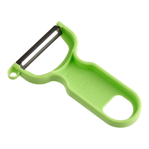 A green Y-shaped vegetable peeler with a straight black blade and a hole in the handle.