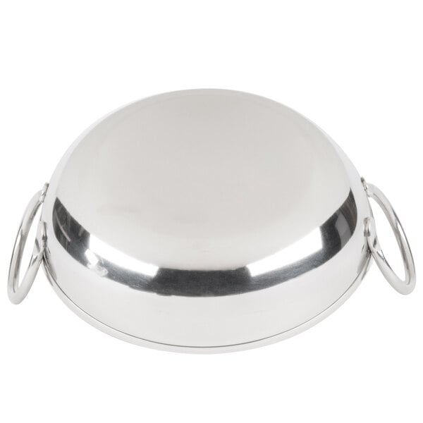 A silver bowl with handles on a white background.