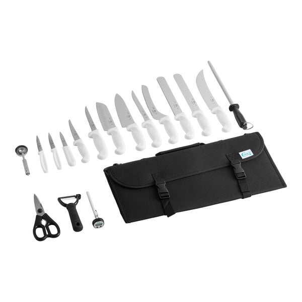 An 18-piece knife set with white handles, including various knives, kitchen tools, and a black carrying case.