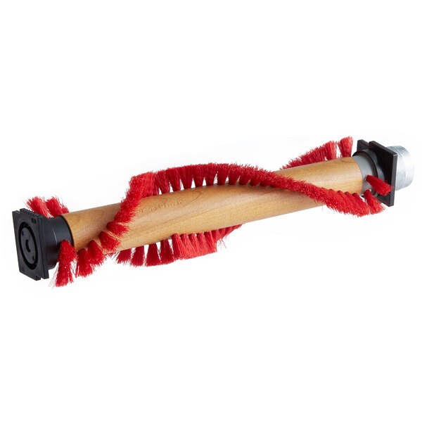 A red and black Oreck brushroll with a wooden tube handle.