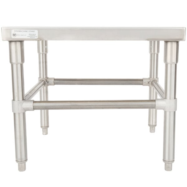 A stainless steel Noble Warewashing undercounter dish machine stand with metal legs.