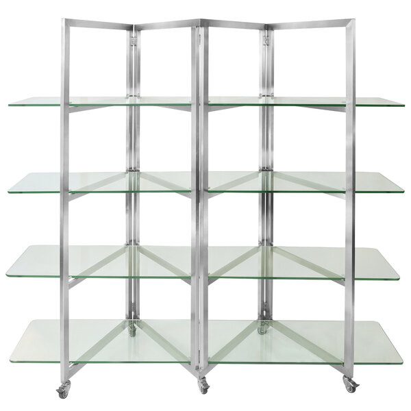 a glass shelves on wheels