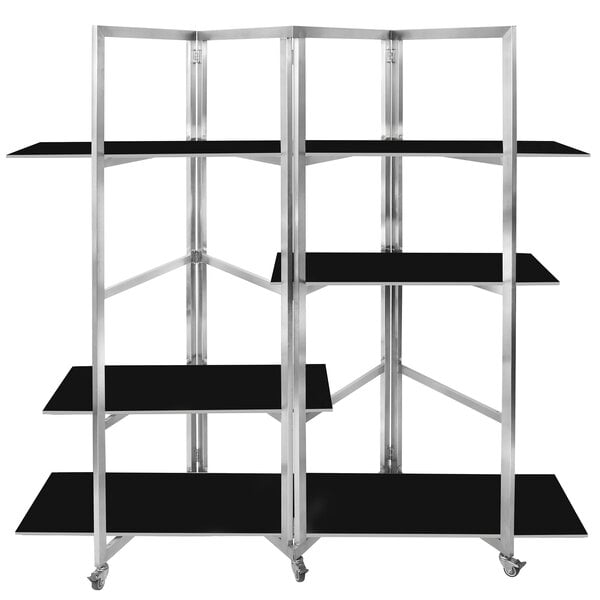 A black and silver Eastern Tabletop stainless steel rolling buffet with wood shelves.