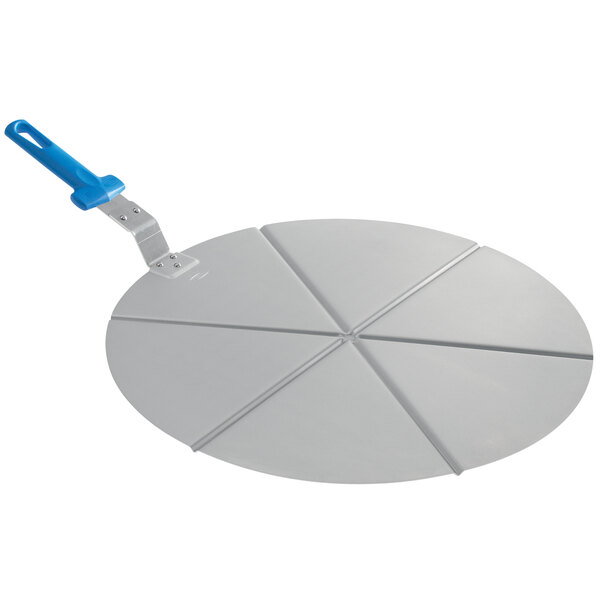 A white circular pizza tray with six segments and a blue handle.
